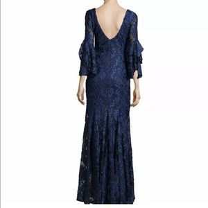 Betsy and Adam Royal blue lace velvet gown with flowy sleeves size 6